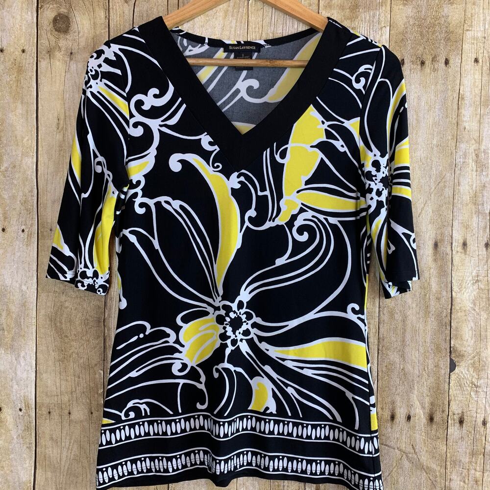 Susan Lawrence Stretch Tunic Top blouse 3/4 sleeve Womens Small Floral Yellow Sm
